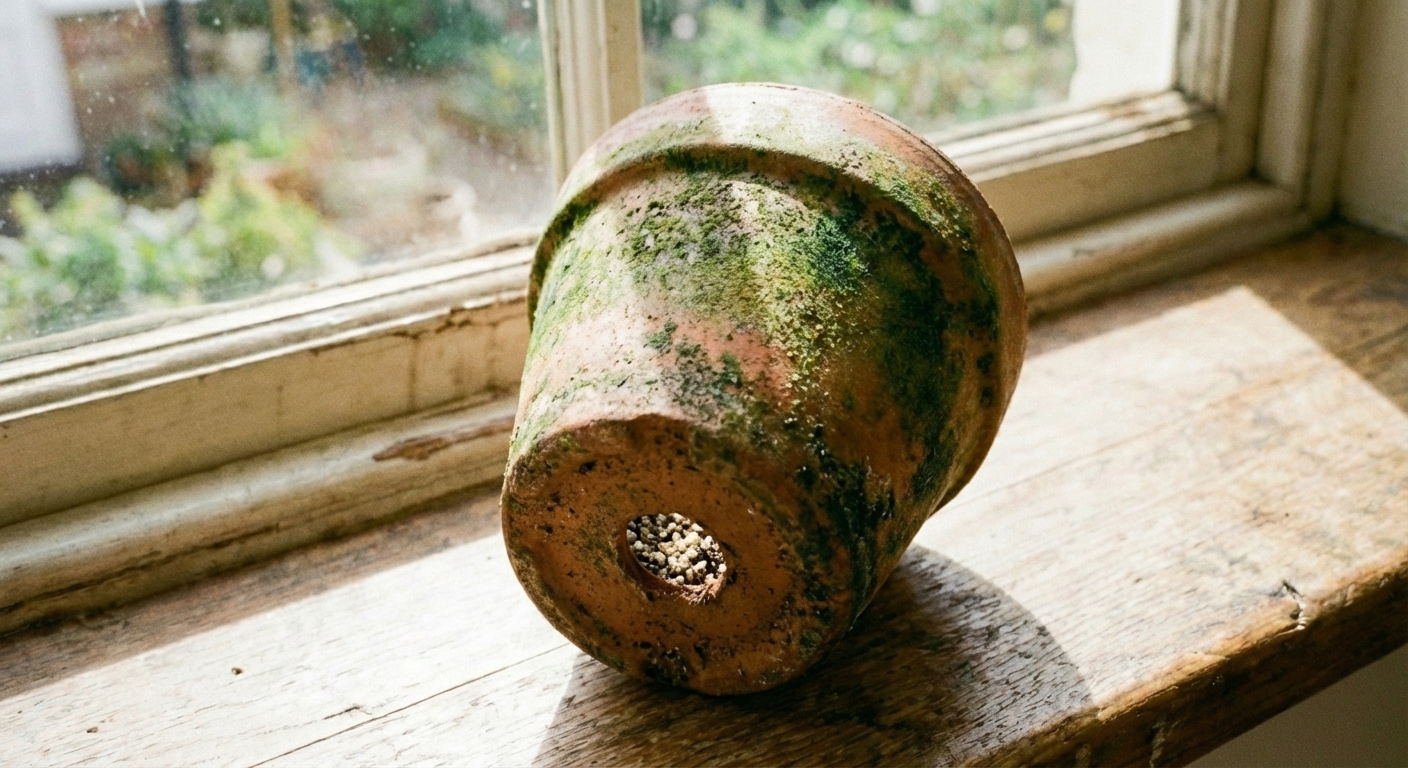 A real photo of a terracotta pot with a visible drainage hole at the bottom and gritty succulent soil inside