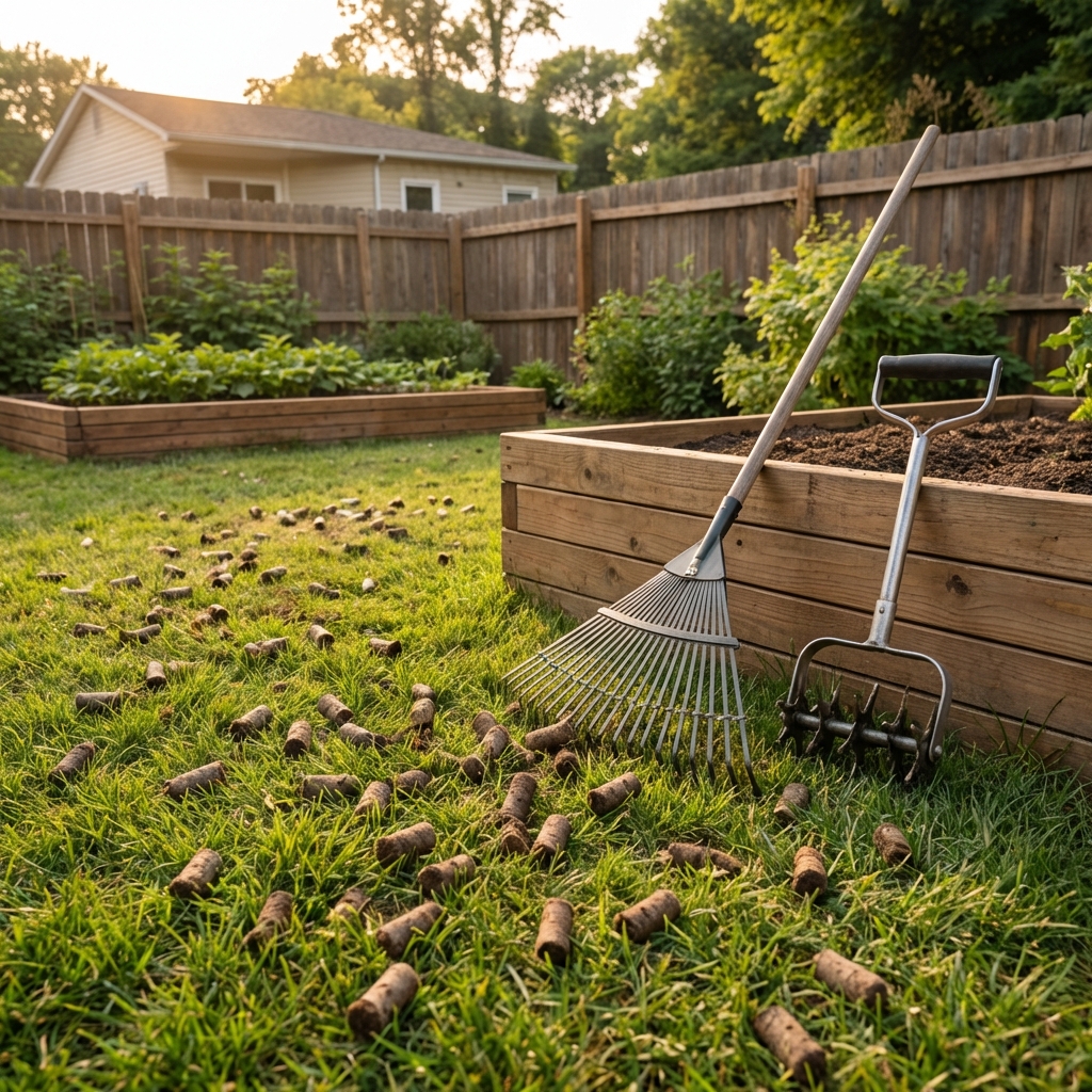 A real photo of a tidy backyard lawn with a rake and lawn aeration plugs visible on the grass