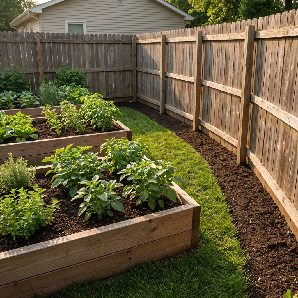 A real photo of a tidy garden area with raised beds, trimmed edges, and no clutter near the fence
