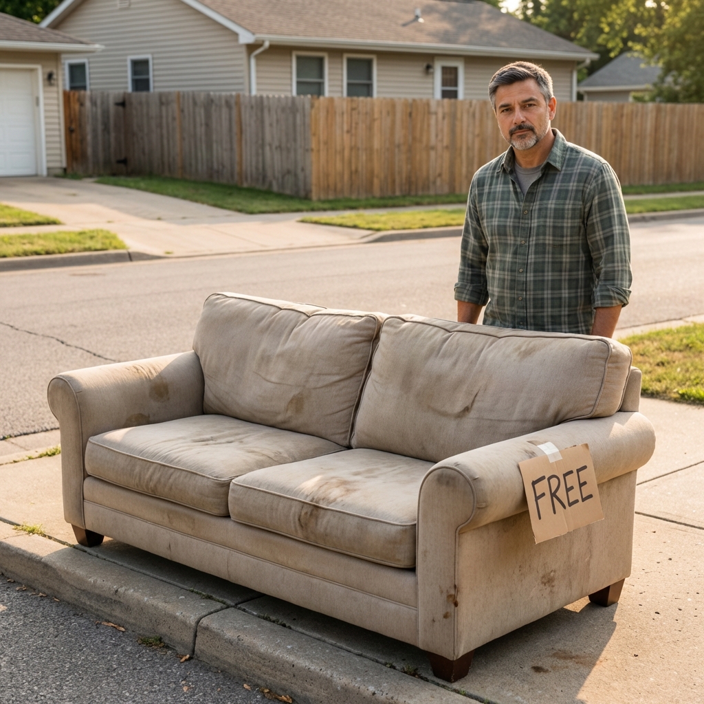 A real photo of a used sofa placed on a driveway curb in daylight