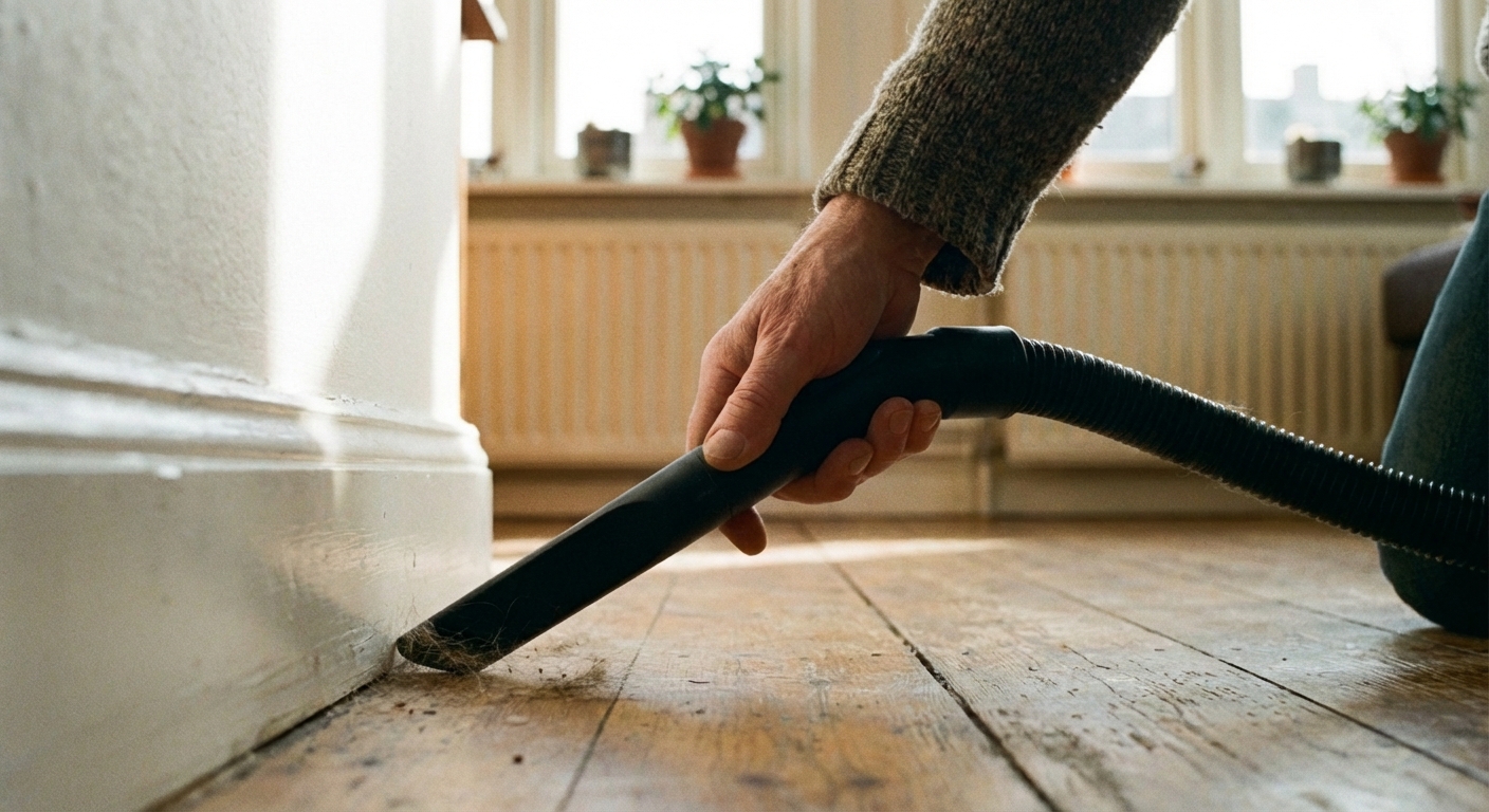 A real photo of a vacuum crevice tool being used along a baseboard in a living room