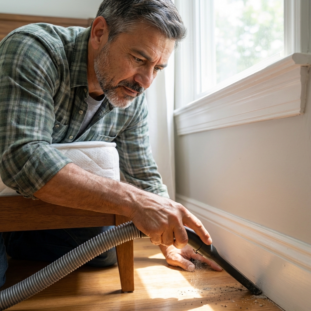 A real photo of a vacuum nozzle being used along a bed frame joint and baseboard crack
