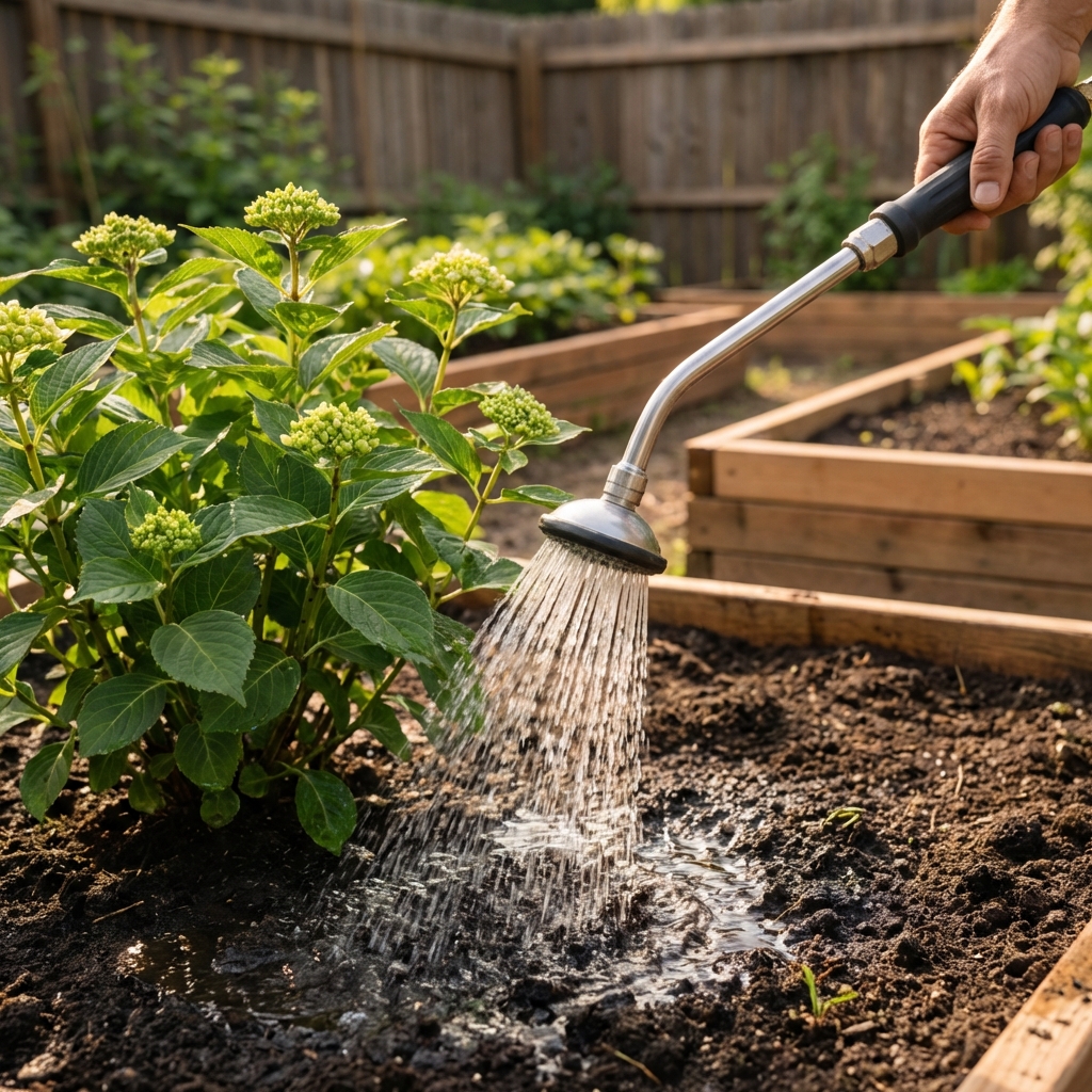 A real photo of a watering wand gently soaking the soil at the base of a hydrangea shrub in spring