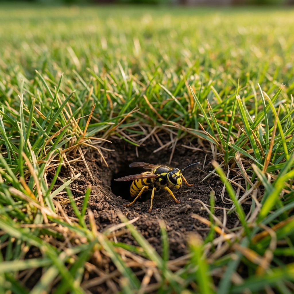 A real photo of a yellowjacket entering a small hole in the ground in a lawn