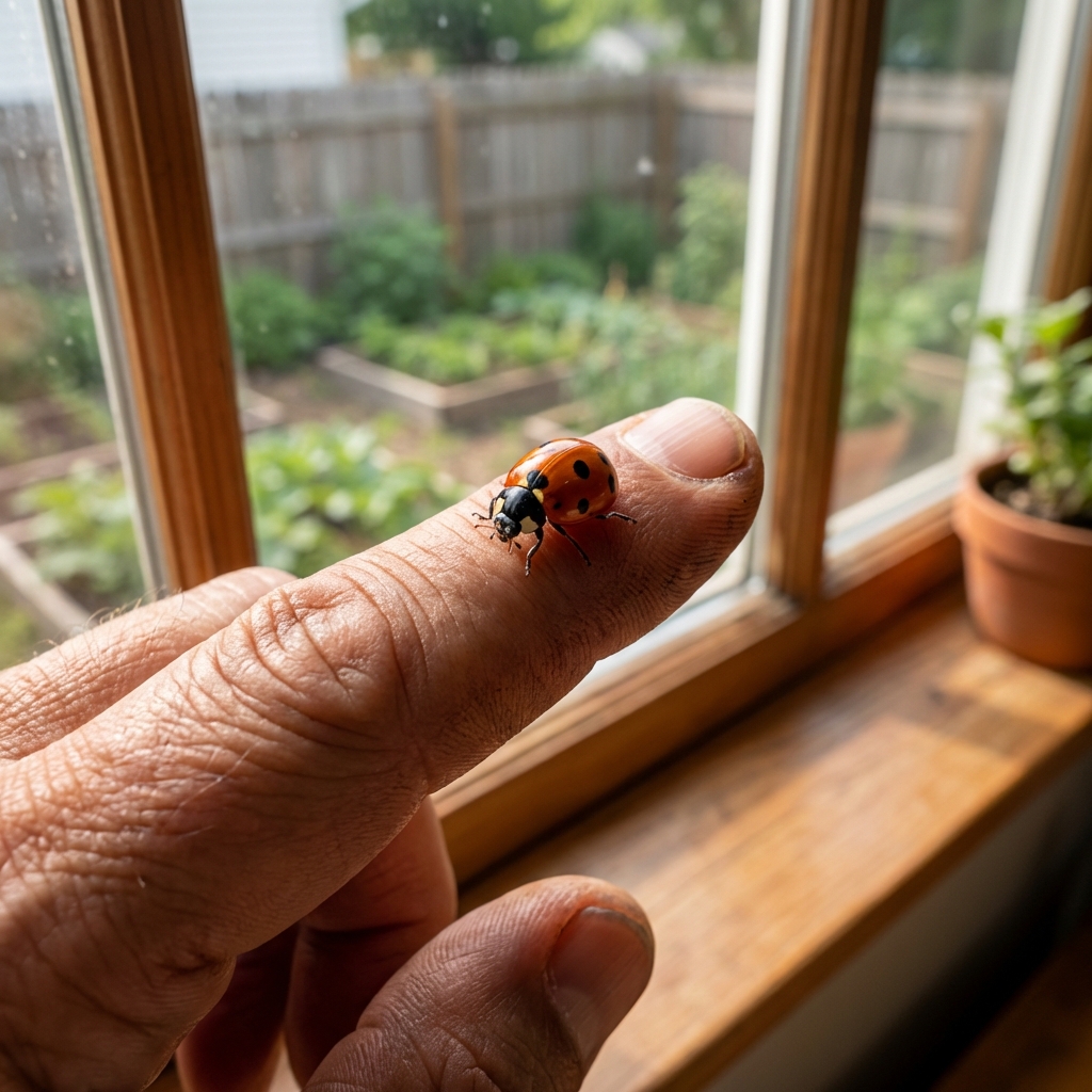 A real photo of an Asian lady beetle crawling on a person’s fingertip near a window