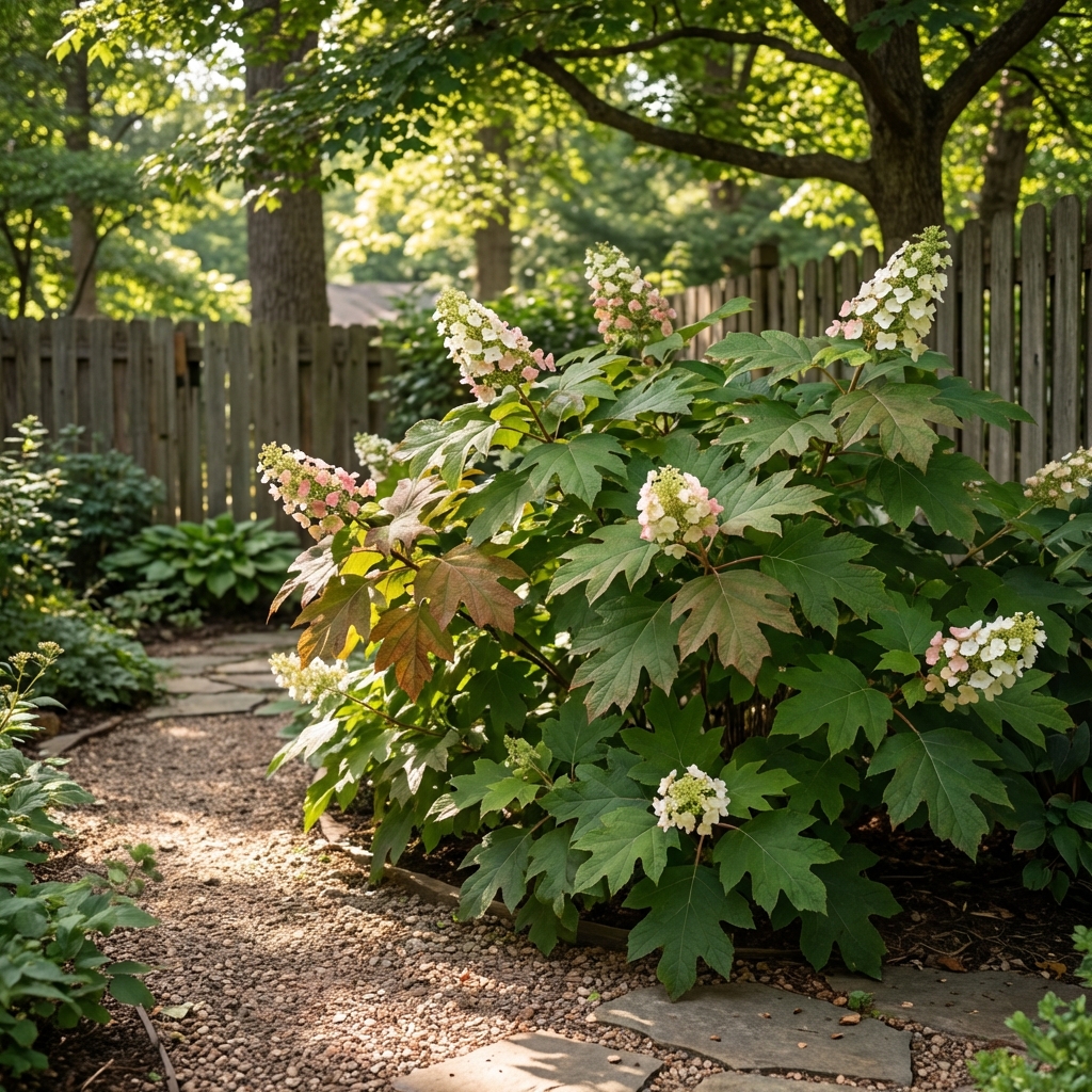 A real photo of an oakleaf hydrangea with large lobed leaves growing in dappled shade along a garden path
