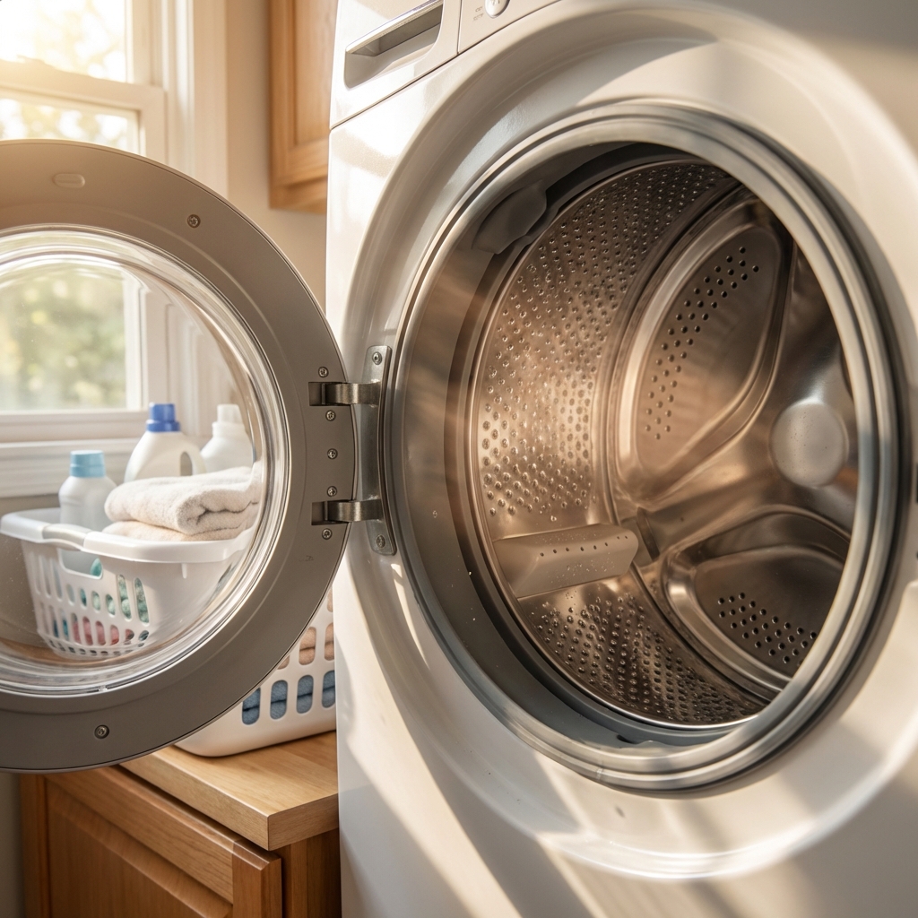 A real photo of an open front-loading washing machine door in a bright laundry room, showing the drum drying