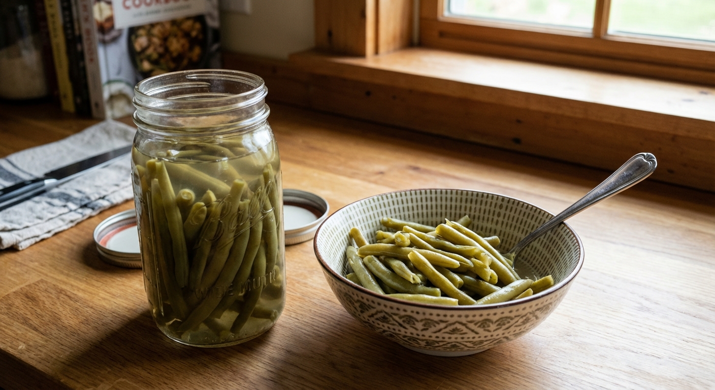 A real photo of an open jar of canned green beans on a kitchen counter with a small bowl of cooked green beans nearby
