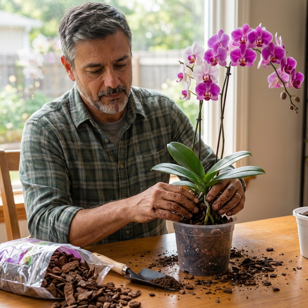 A real photo of an orchid being repotted on a table with orchid bark and a clear pot