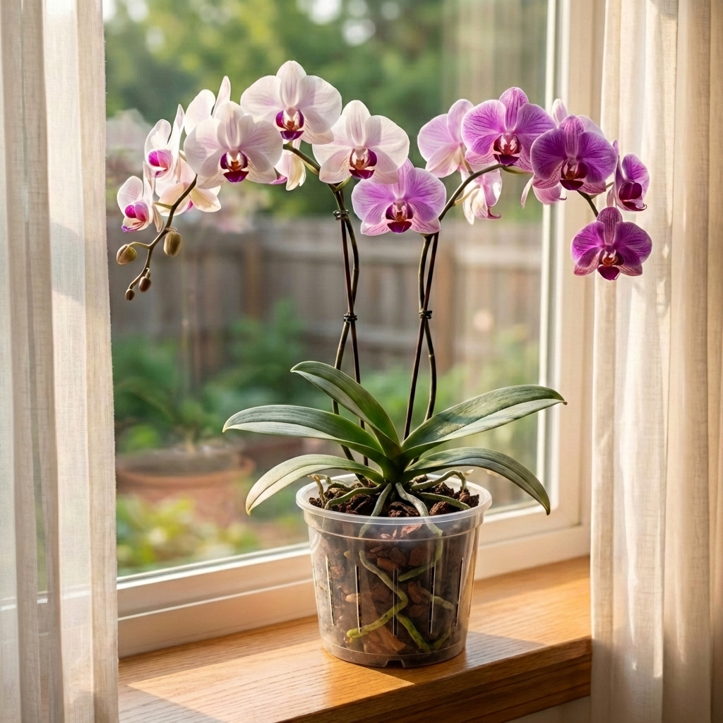 A real photo of an orchid in a ventilated orchid pot with bark mix visible at the surface