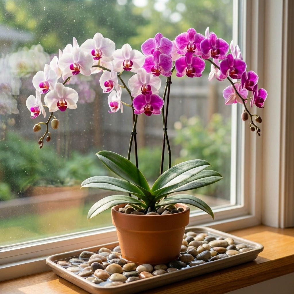 A real photo of an orchid on a pebble tray near a bright window