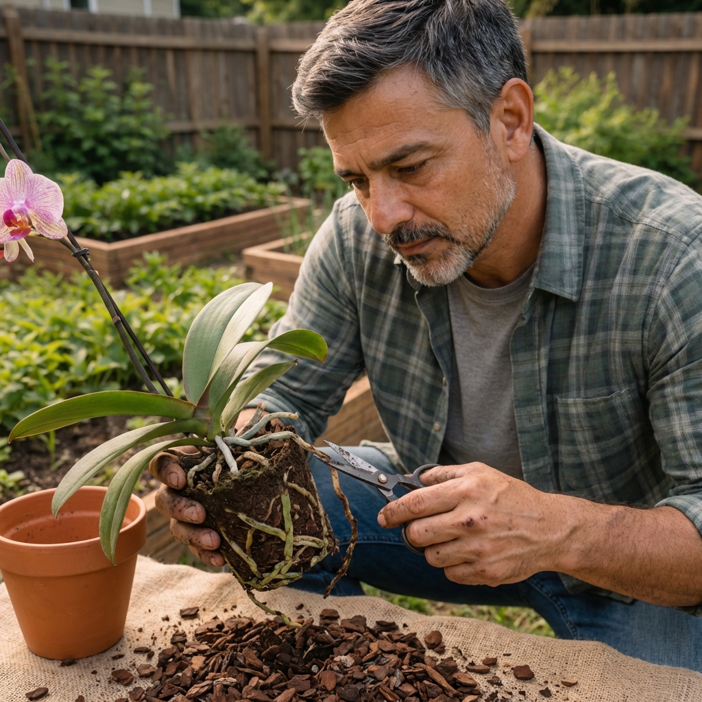 A real photo of an orchid removed from its pot with bark mix scattered nearby and several dead brown roots being trimmed with small scissors