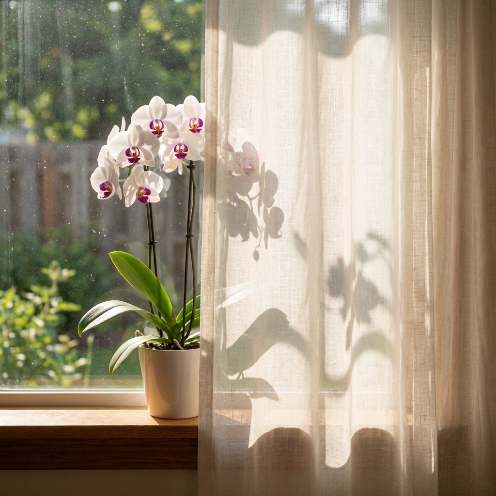 A real photo of an orchid sitting behind a sheer curtain near a sunny window