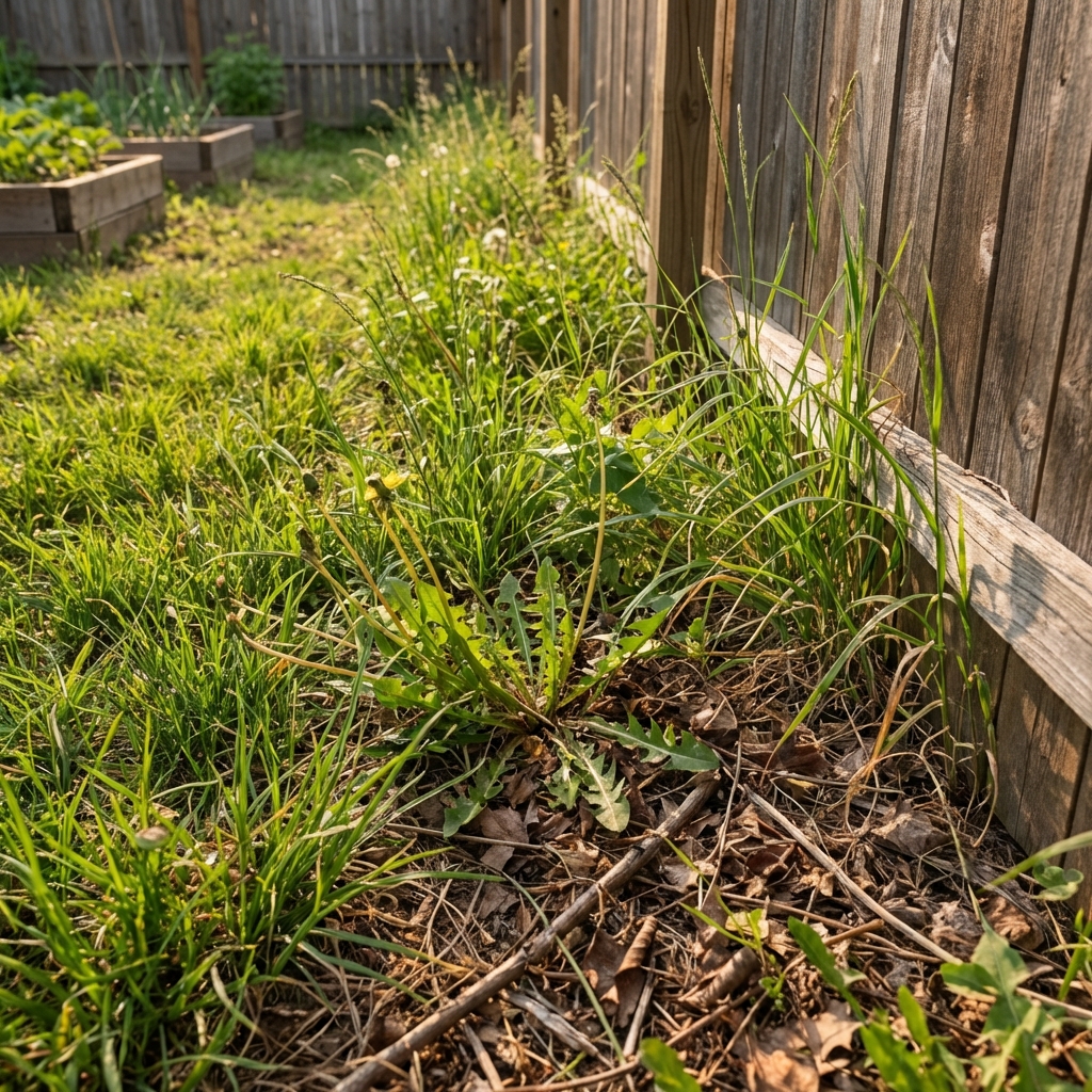 A real photo of an overgrown grassy yard edge with weeds and leaf litter along a fence line