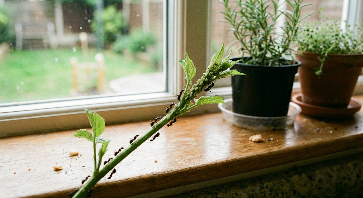 A real photo of ants on a garden plant stem near a cluster of aphids on new growth