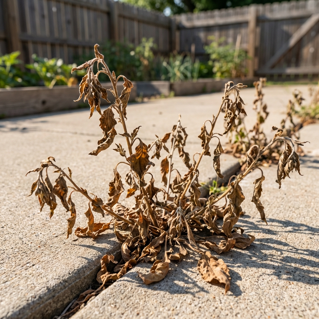 A real photo of browned, wilted weeds in a sidewalk crack a few hours after being sprayed on a bright sunny afternoon