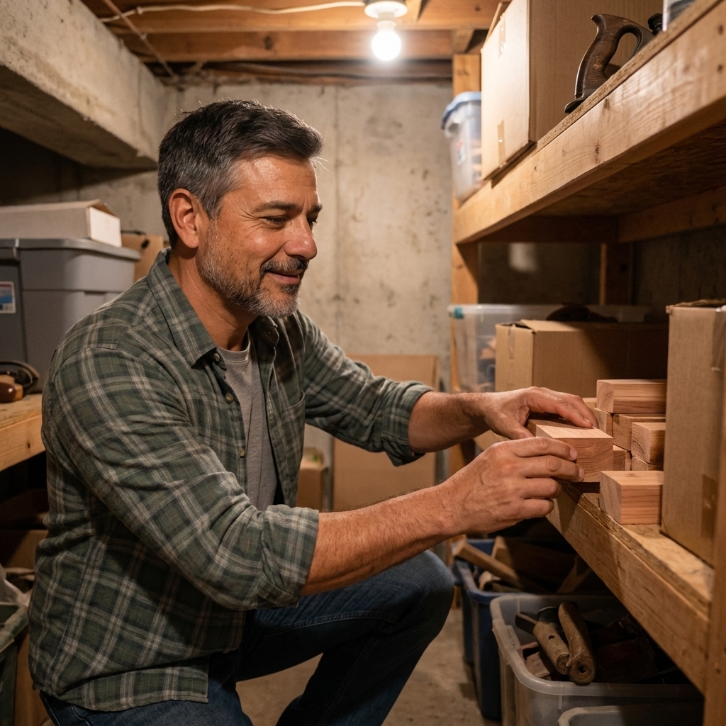 A real photo of cedar blocks placed on a shelf in a basement storage area