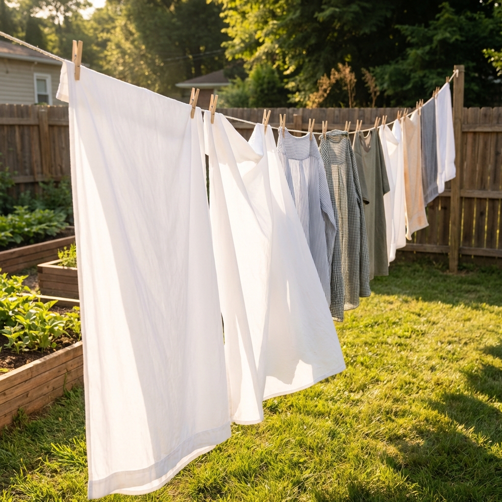 A real photo of clean laundry hanging on a clothesline in bright sunlight in a backyard