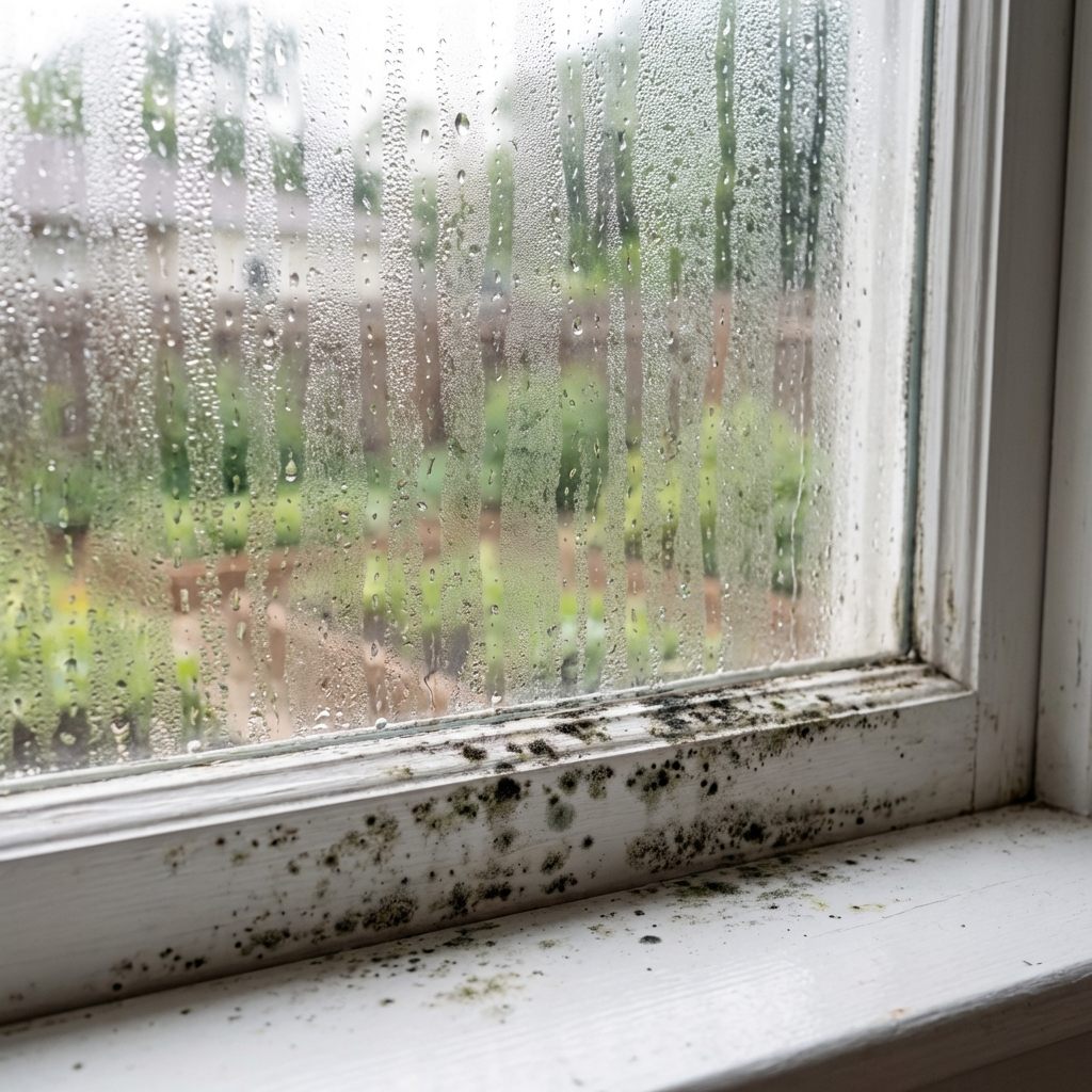 A real photo of condensation droplets on an indoor window with dark mold specks along the lower window frame