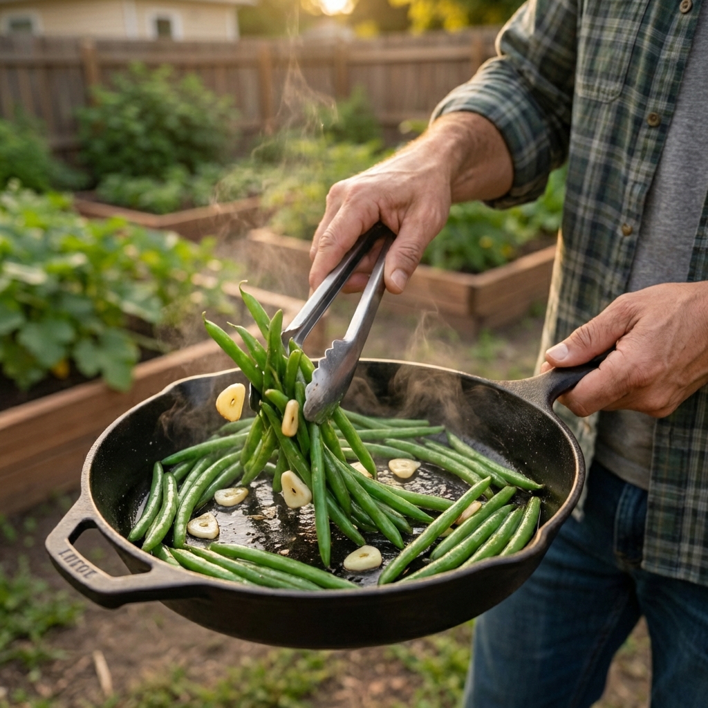 A real photo of cooked green beans in a skillet being tossed with garlic using tongs