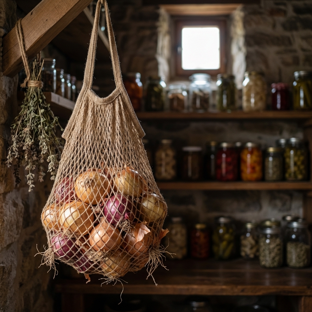 A real photo of cured onions in a breathable mesh bag hanging in a cool, dim pantry