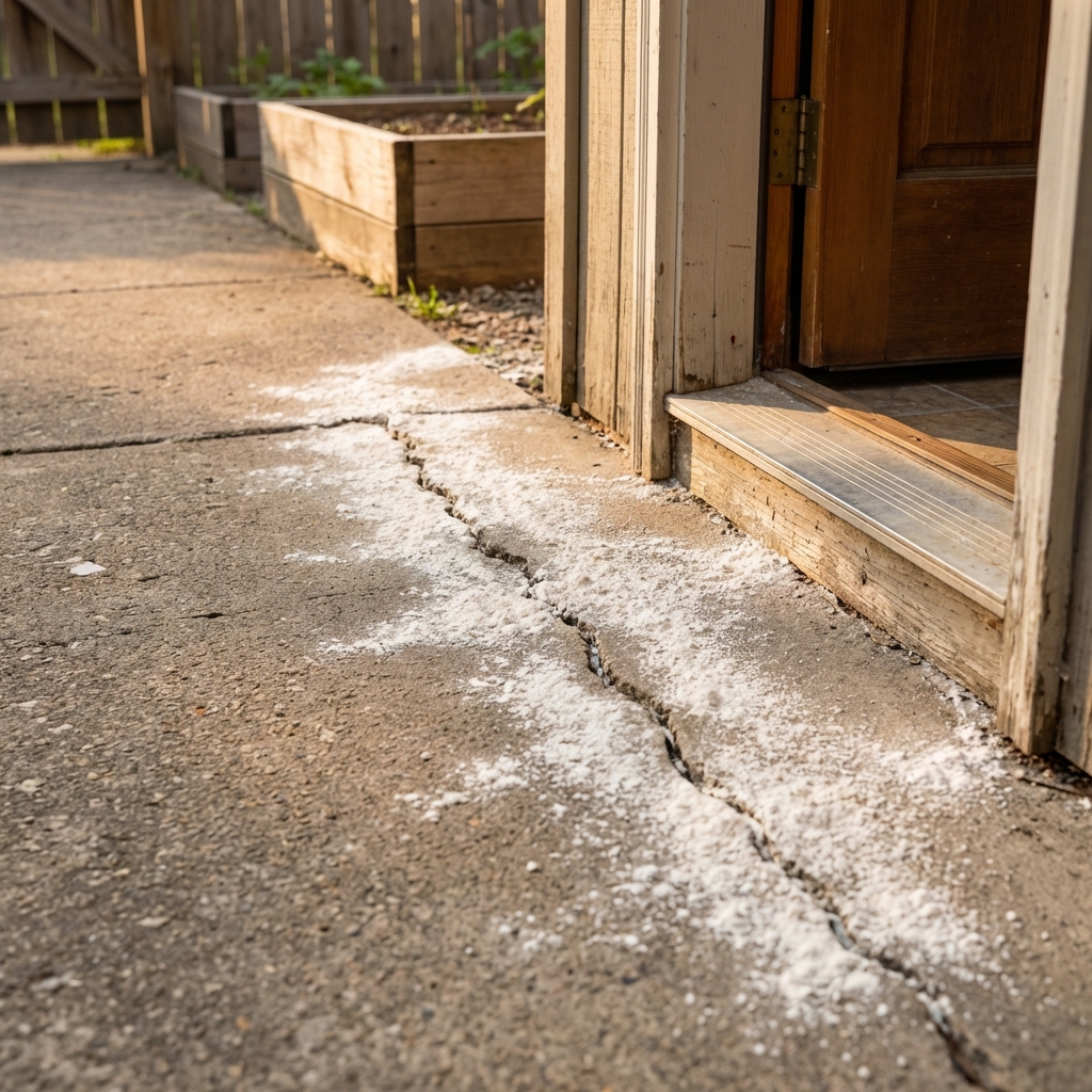 A real photo of food-grade diatomaceous earth lightly dusted along a concrete crack near a doorway