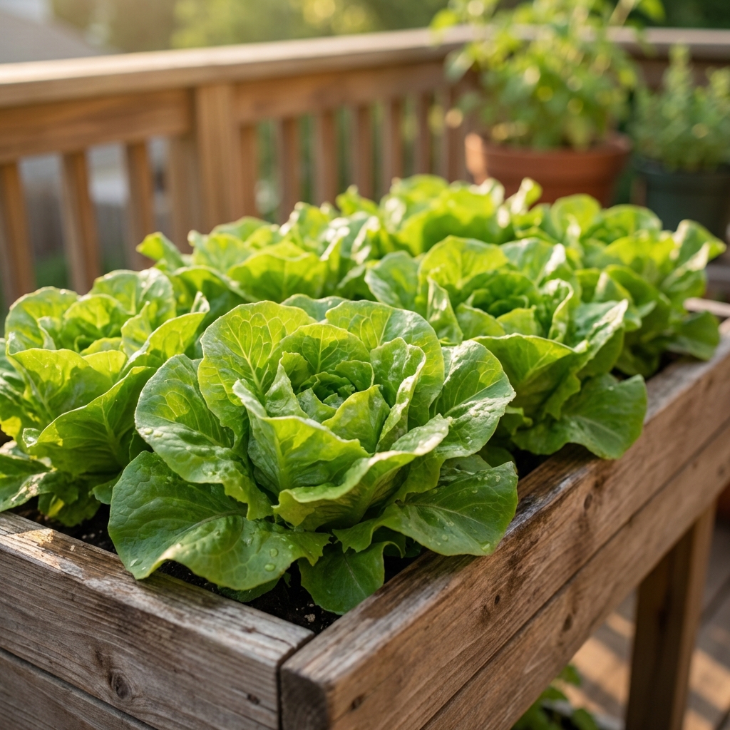 A real photo of fresh green leaf lettuce growing densely in a rectangular planter on a balcony