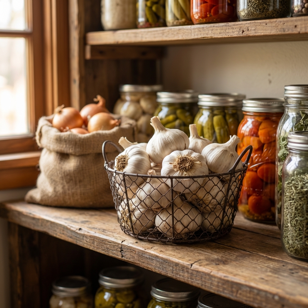 A real photo of garlic bulbs in a small wire basket on a pantry shelf