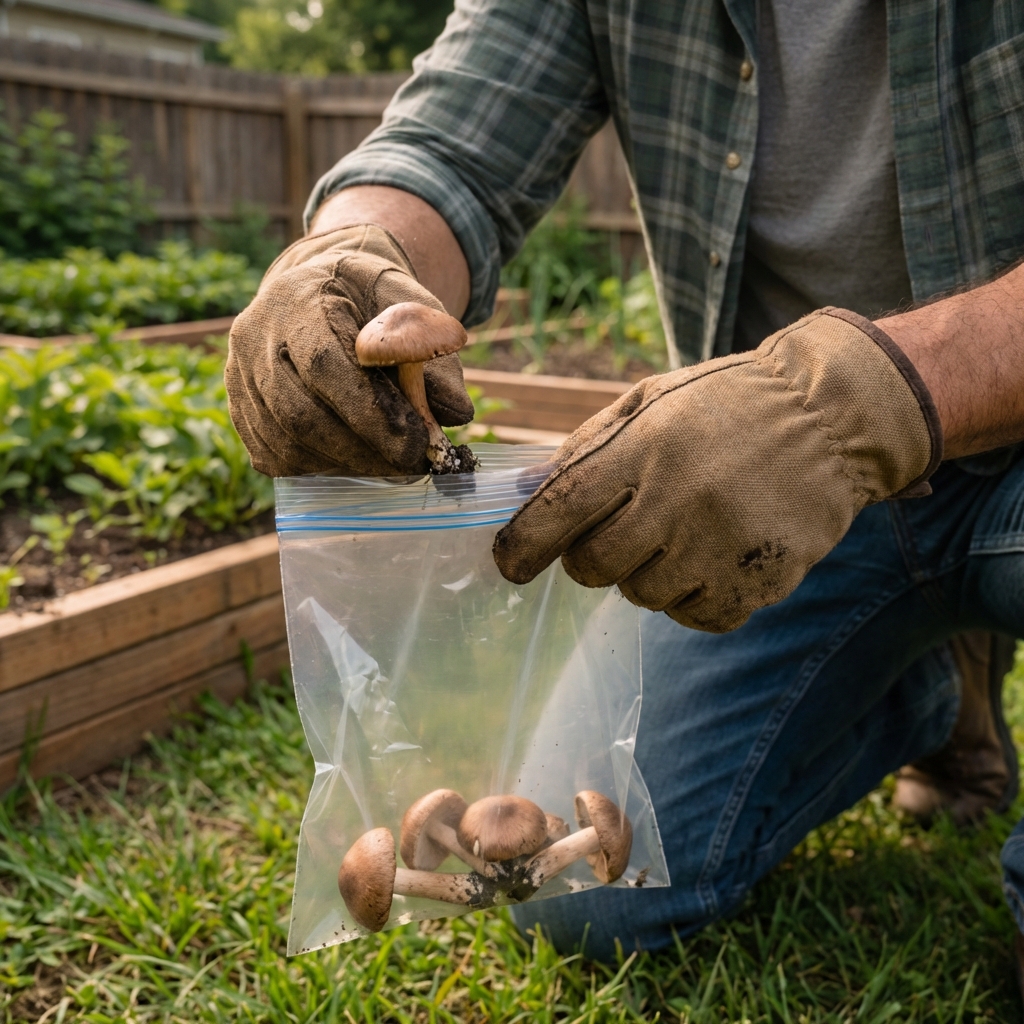 A real photo of gloved hands collecting lawn mushrooms into a small plastic bag