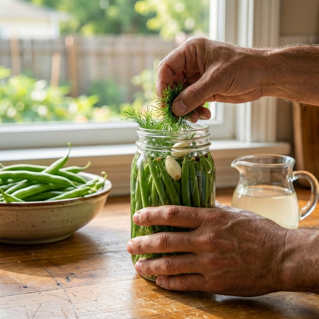 A real photo of hands adding fresh dill and garlic cloves into a jar of green beans before pouring in brine