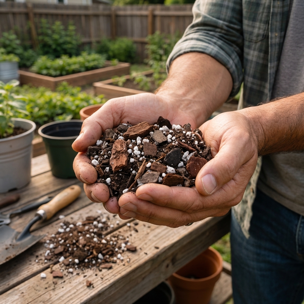 A real photo of hands holding a chunky indoor potting mix with orchid bark and perlite on a potting bench