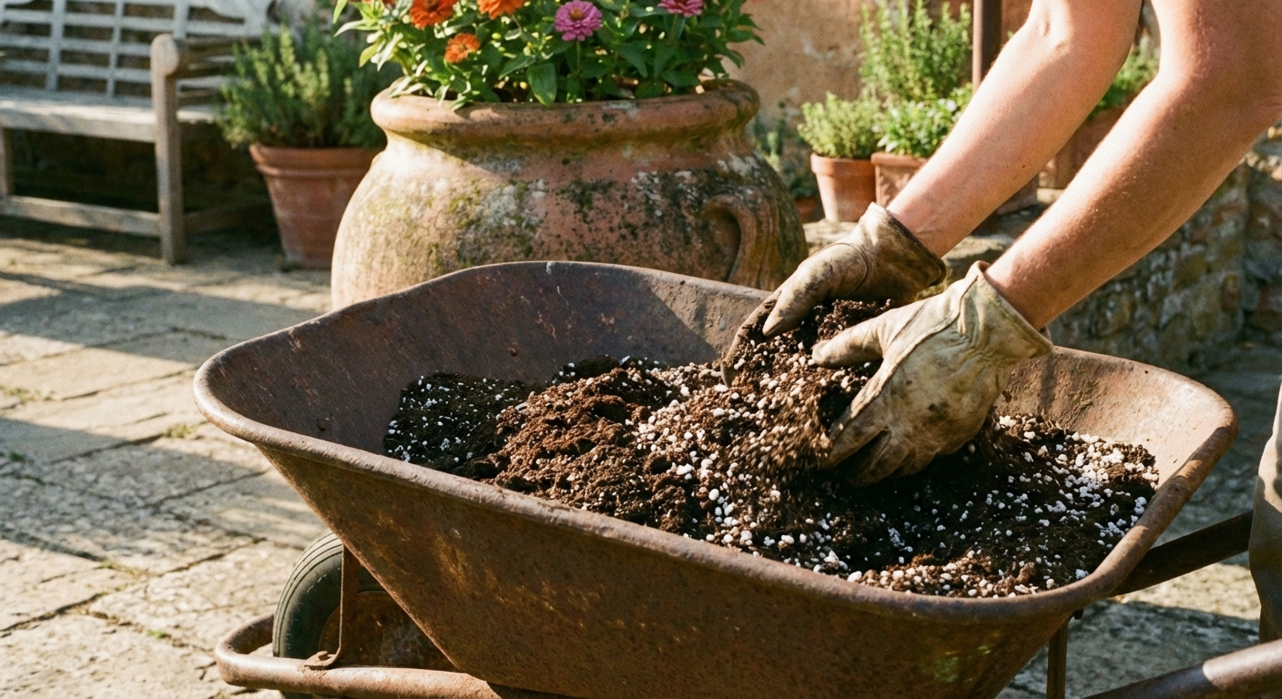 A real photo of hands mixing potting soil, compost, and perlite in a wheelbarrow outdoors