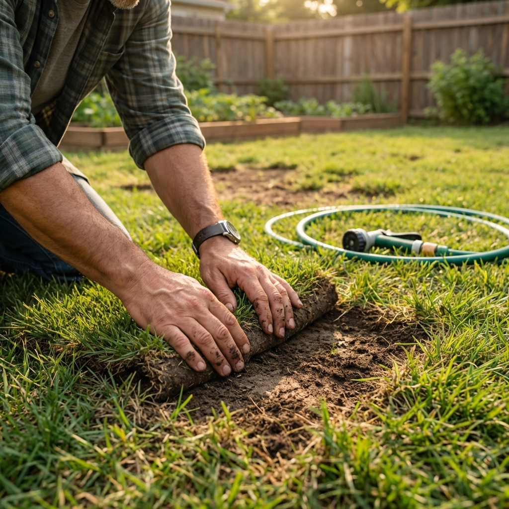 A real photo of hands pressing peeled-back sod into place on a damaged lawn with a garden hose nearby