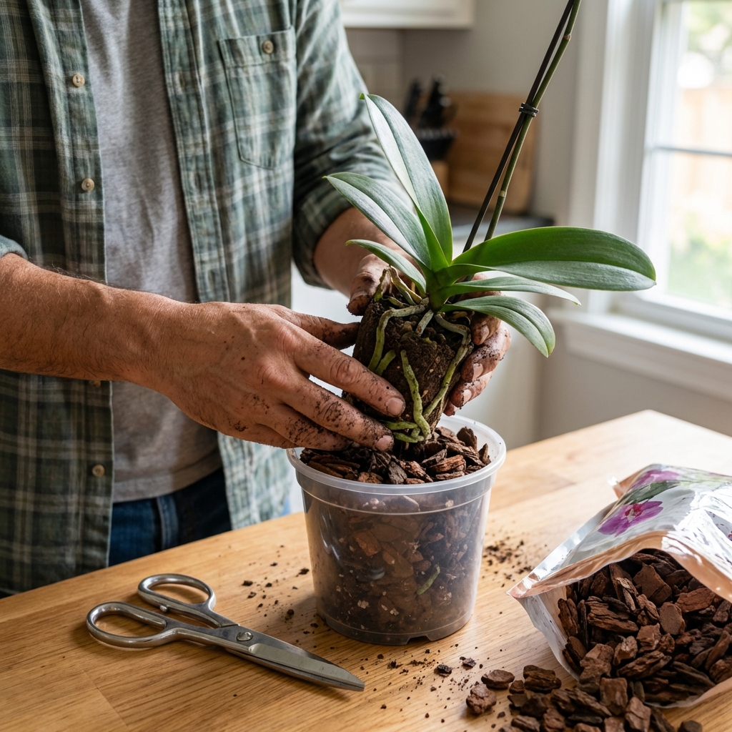 A real photo of hands repotting a phalaenopsis orchid on a kitchen table with bark mix, clean scissors, and a clear plastic pot