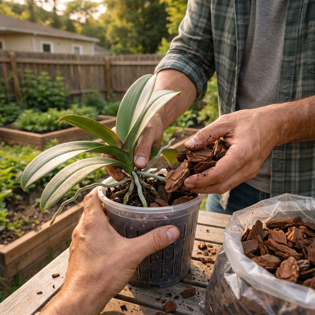 A real photo of hands repotting an orchid into a clear slotted pot with chunky bark mix