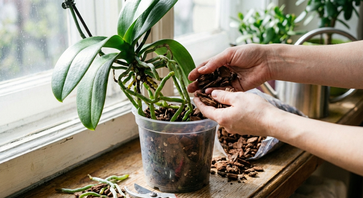 A real photo of hands repotting an orchid into fresh bark mix with trimmed roots on a clean table