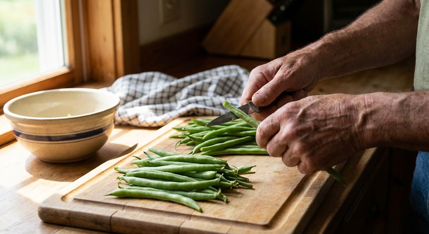 A real photo of hands trimming fresh green beans on a cutting board in a home kitchen