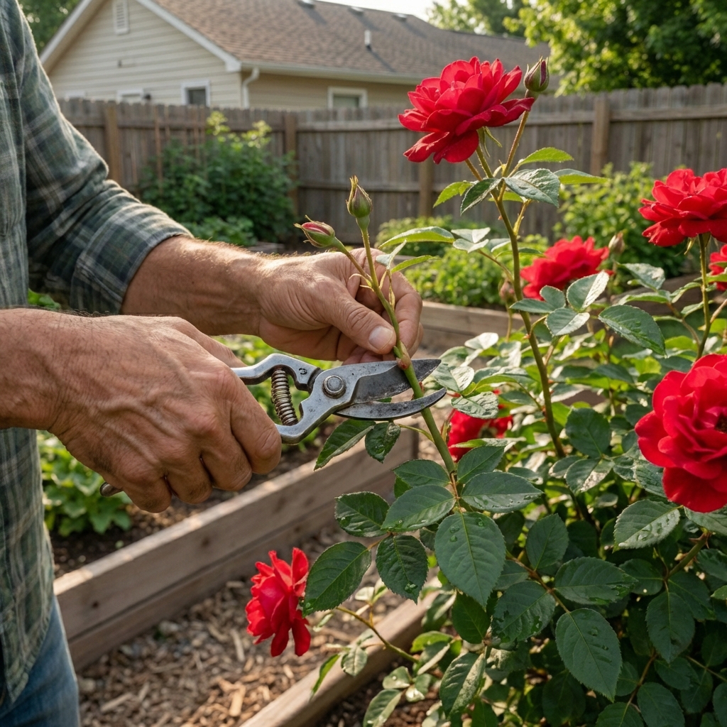A real photo of hands using pruning shears to cut a rose cane above a bud on a Knock Out rose shrub