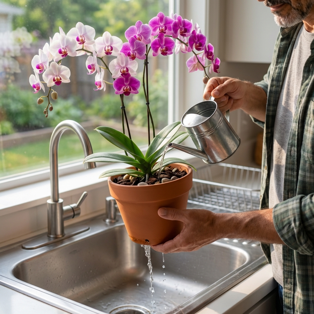 A real photo of hands watering an orchid in a kitchen sink while water drains from the pot