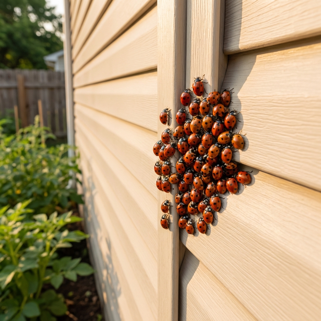 A real photo of ladybugs clustered on light-colored vinyl siding near a sunny corner of a house