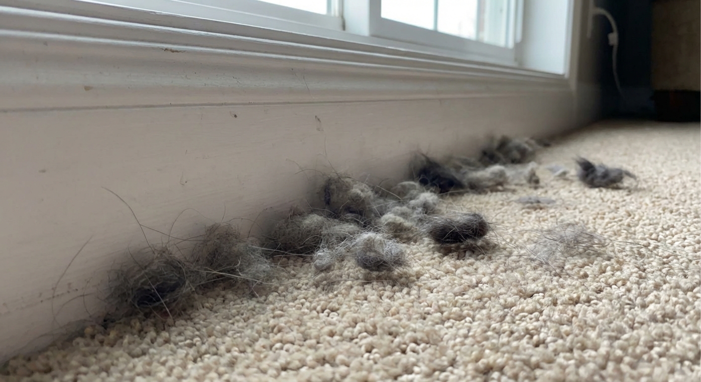 A real photo of lint and pet hair buildup along a baseboard edge where carpet meets the wall
