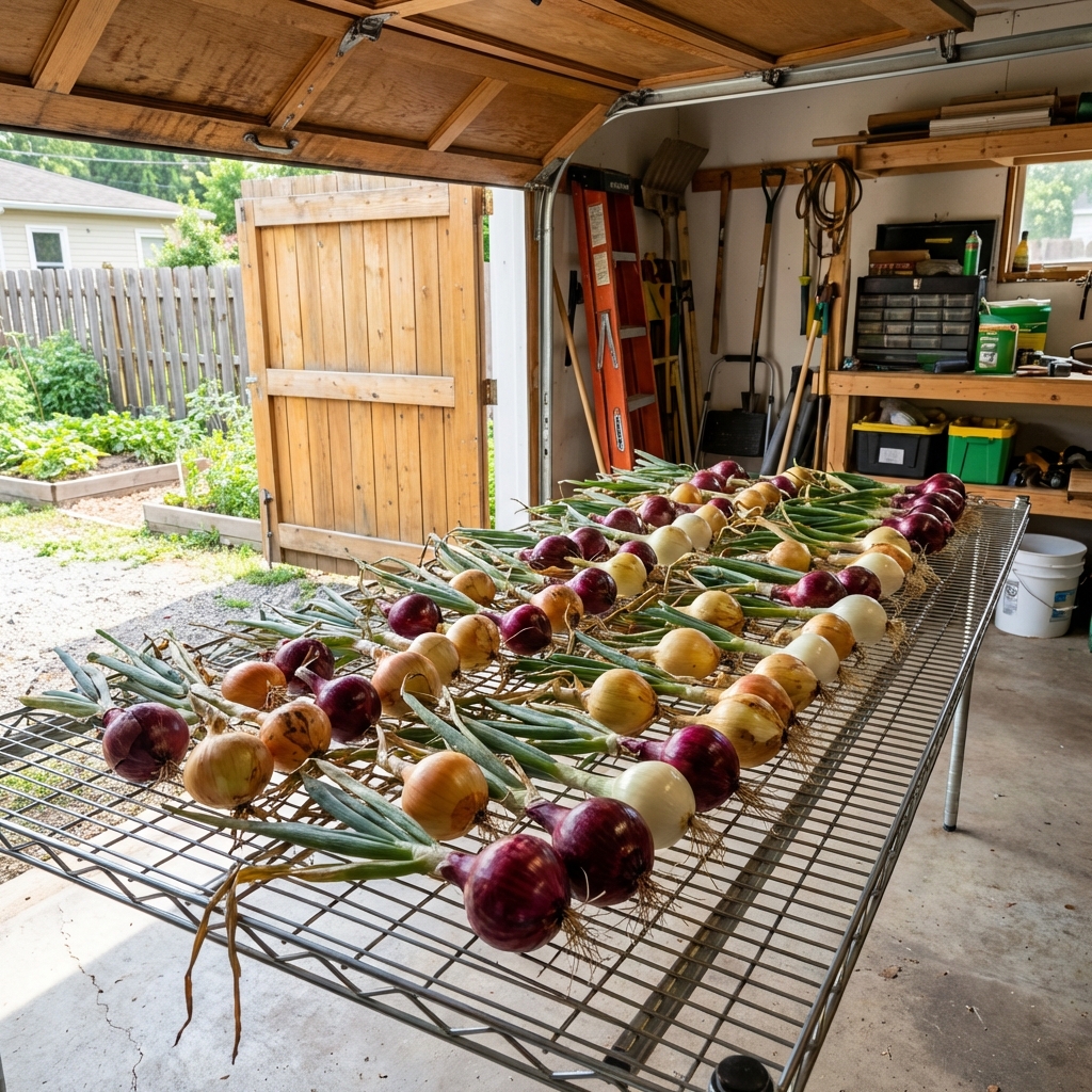 A real photo of onions drying in a single layer on a wire rack inside a garage with the door partly open