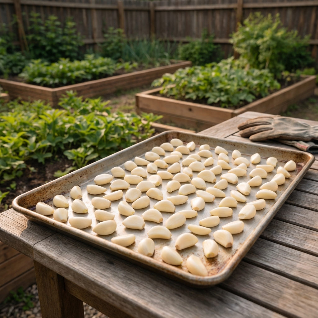 A real photo of peeled garlic cloves spread in a single layer on a metal baking sheet ready to freeze