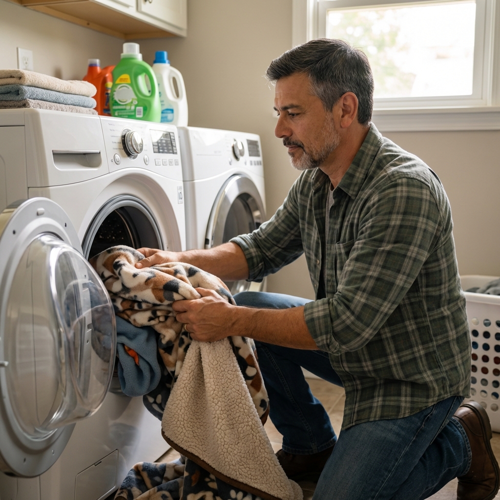 A real photo of pet bedding and a blanket being loaded into a washing machine