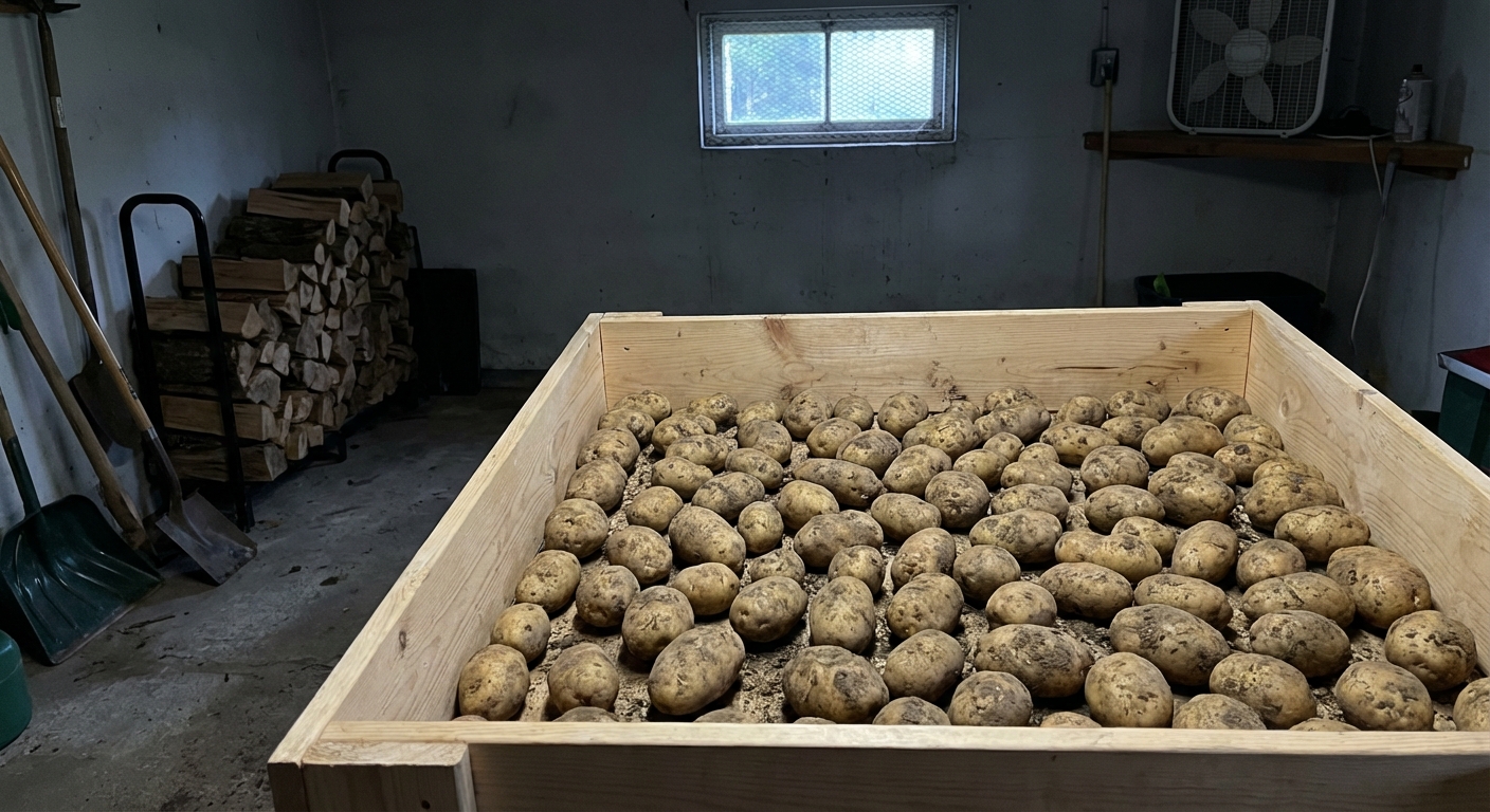 A real photo of potatoes curing in a shallow crate in a dark, well-ventilated garage