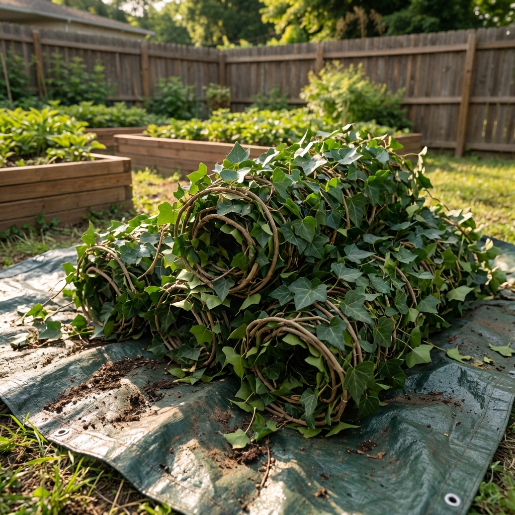 A real photo of rolled-up English ivy vines and leaves piled on a tarp in a backyard
