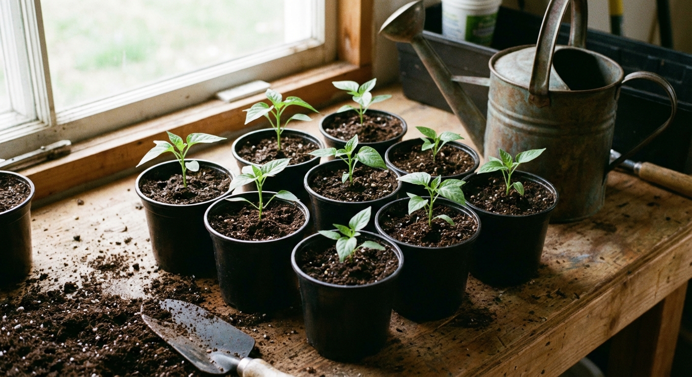 A real photo of several pepper seedlings freshly potted up into 4-inch nursery pots on a workbench, dark potting mix visible, indoor gardening scene with a watering can nearby