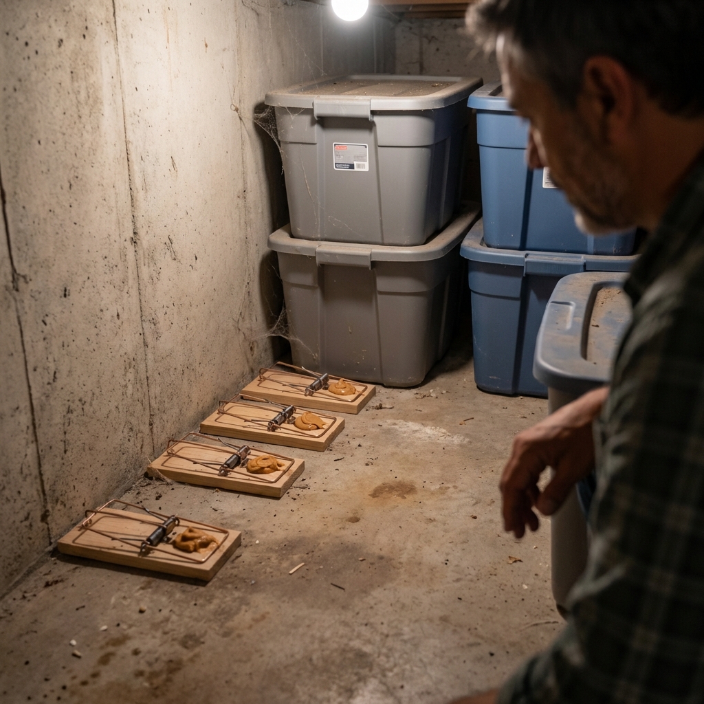 A real photo of several rat snap traps placed along a basement wall behind storage bins
