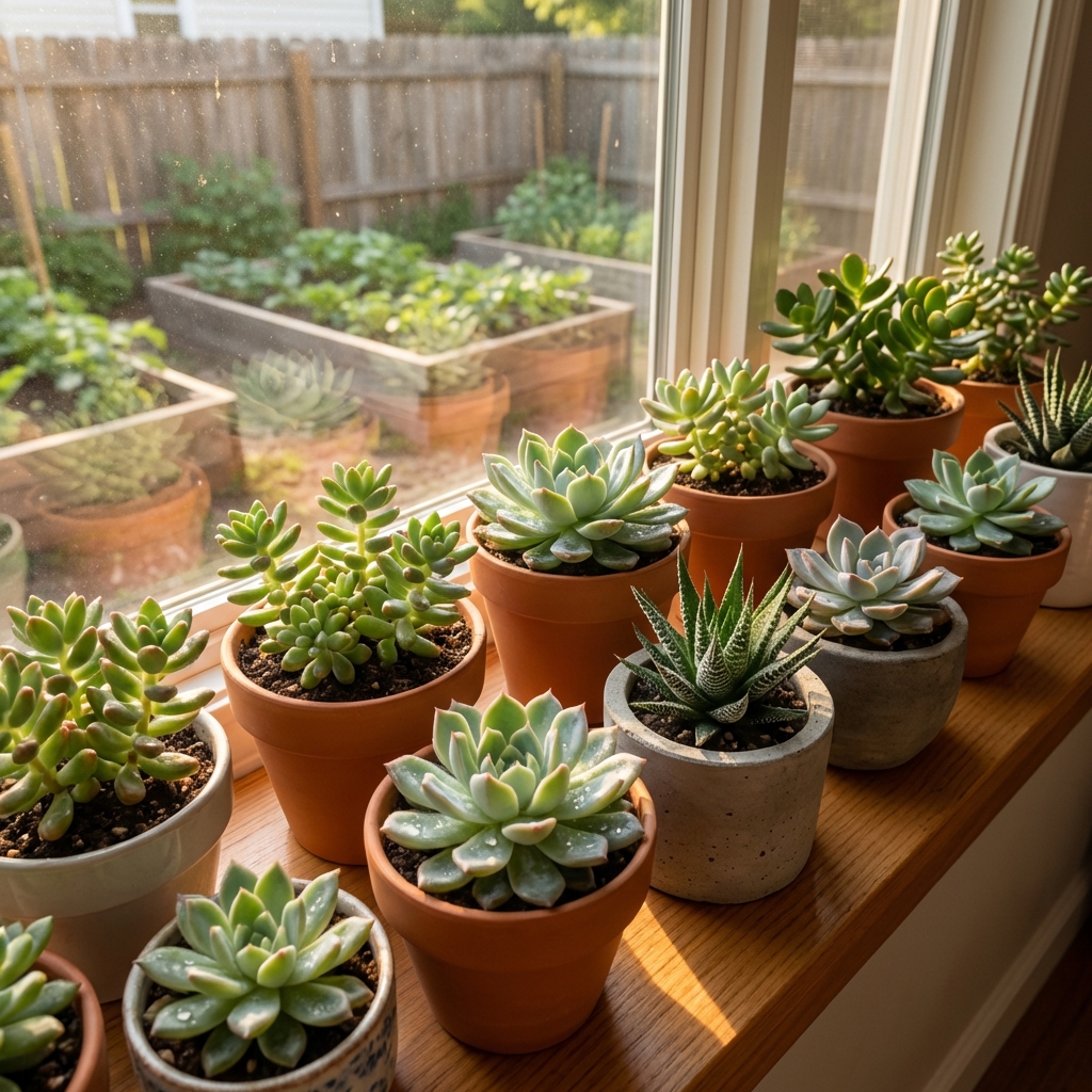 A real photo of several small succulents in individual pots near a bright window with sunlight on the leaves