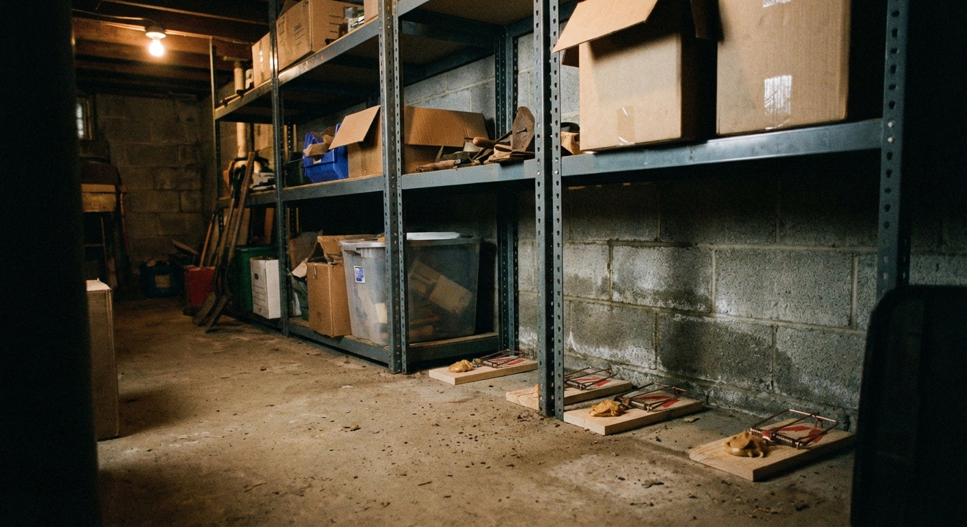 A real photo of several snap traps lined along a basement wall behind storage shelves